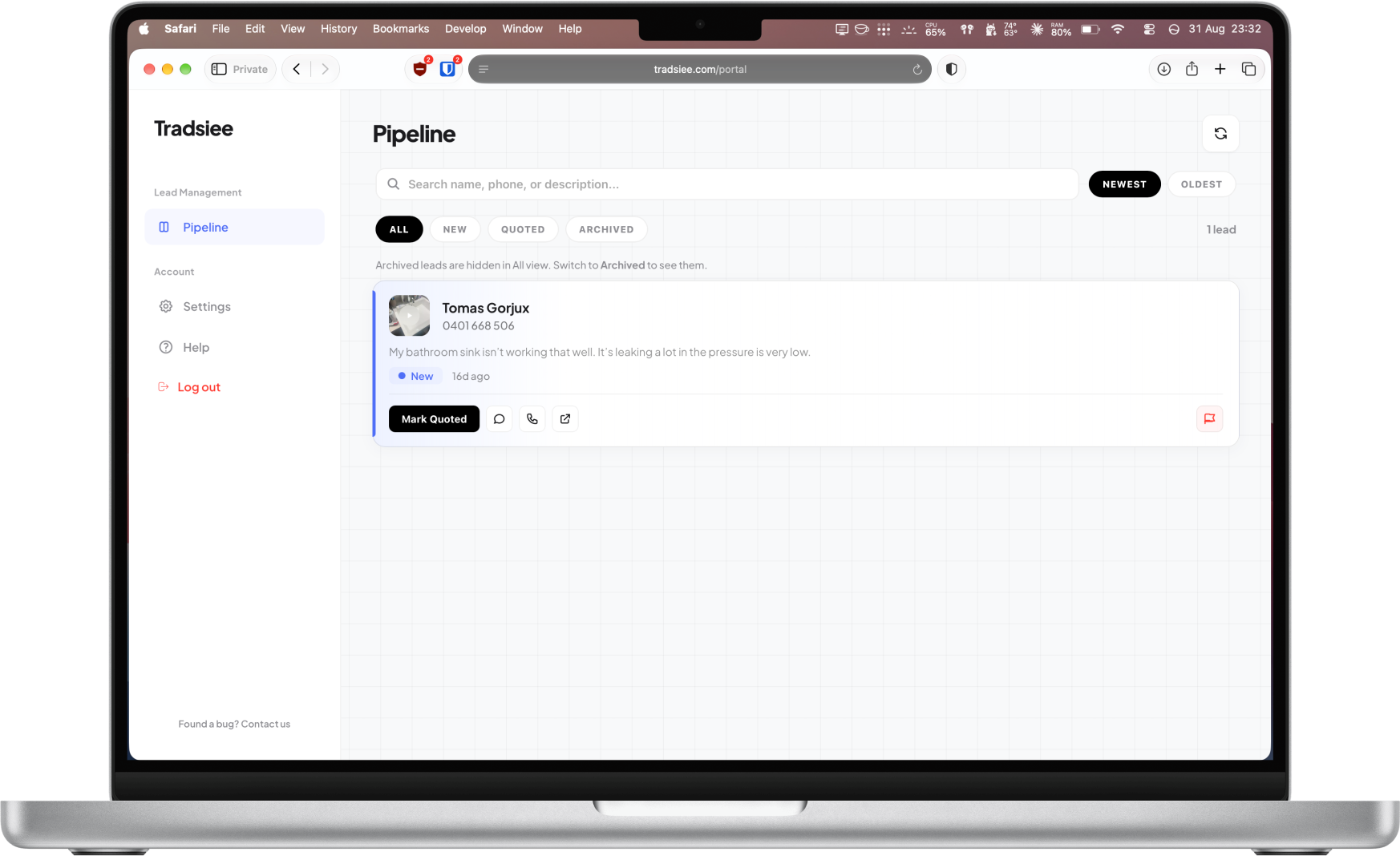 A tradie website built by Tradsiee, shown on a laptop