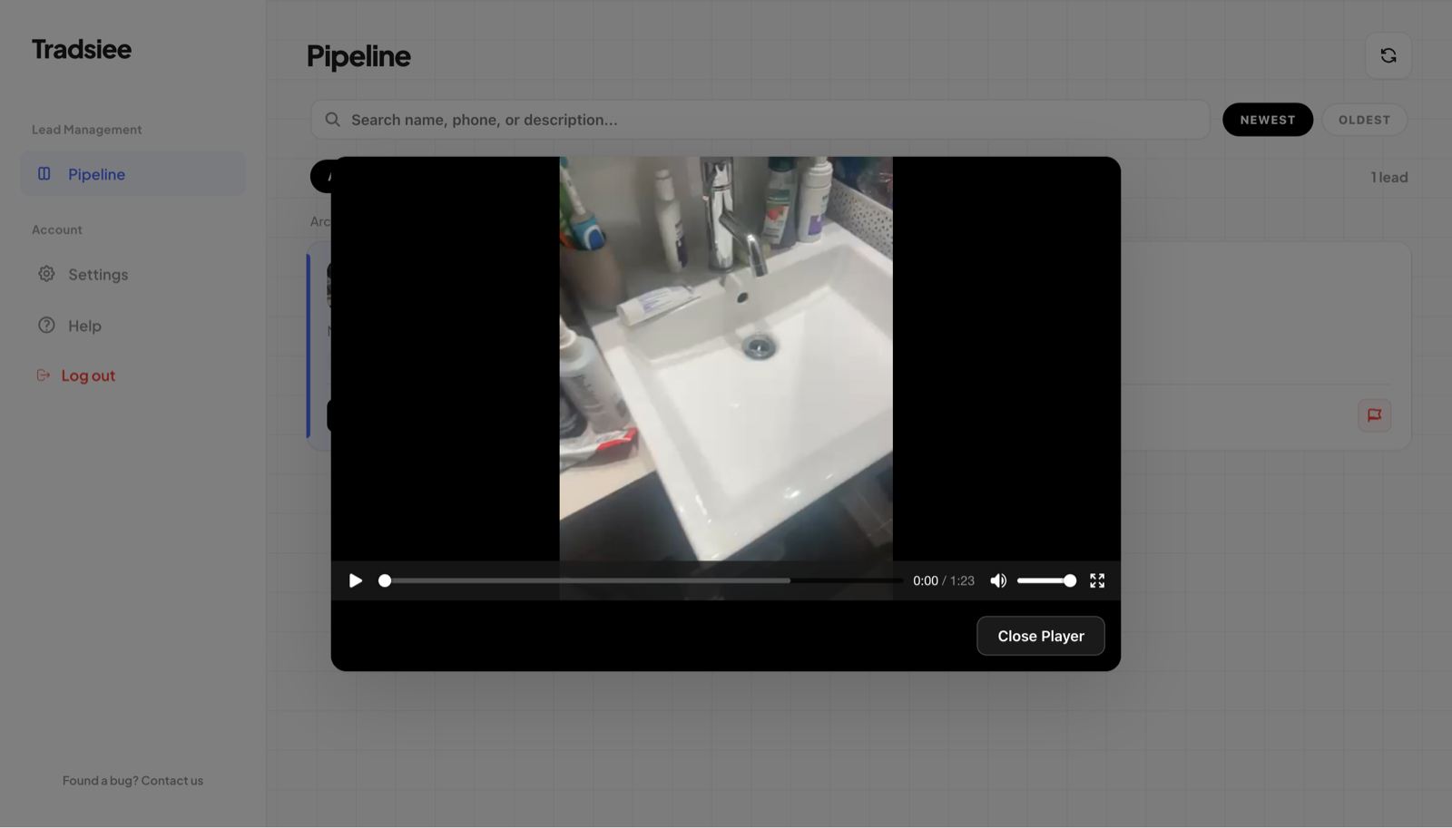 The Tradsiee pipeline with a customer's video lead open in the player.