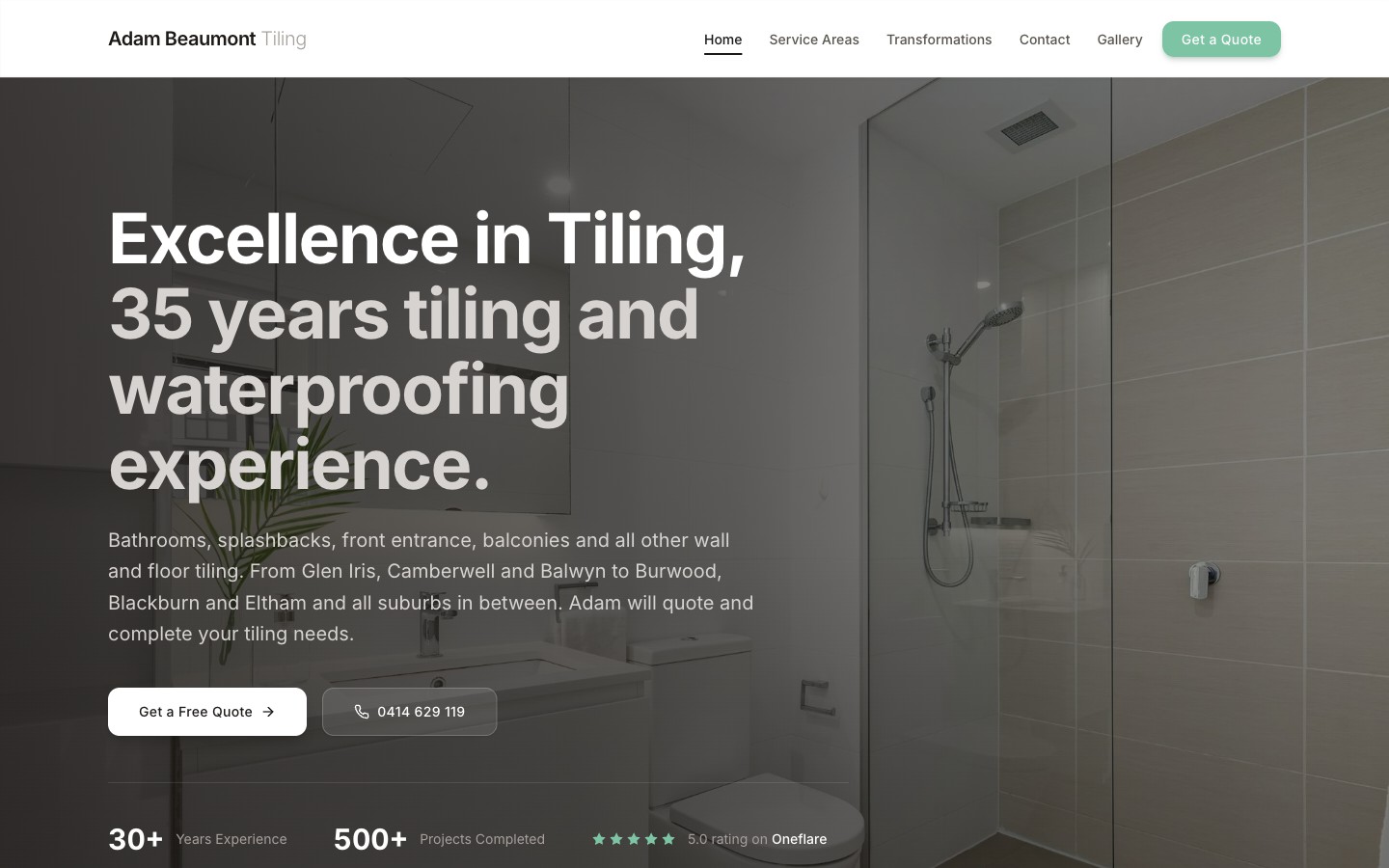 Homepage of Adam Beaumont Tiling, a Melbourne tiling business